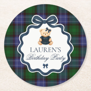 Posavasos Redondo De Papel Cumpleaños de lazo Coquette Preppy Oso Plaid
