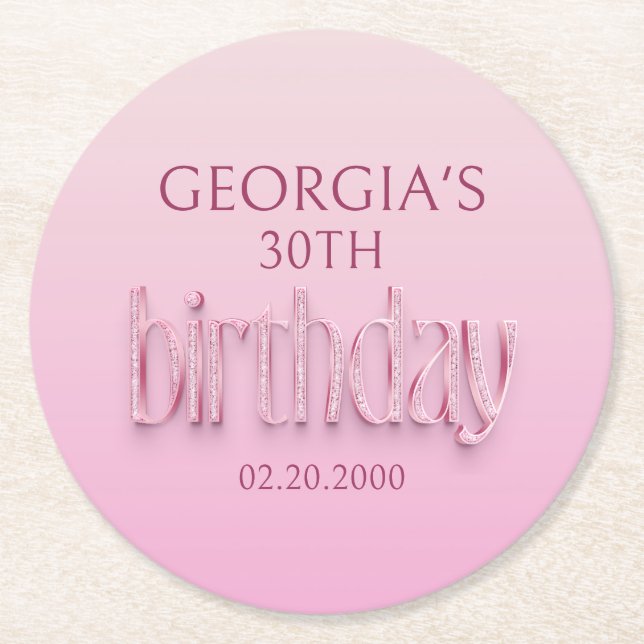 Posavasos Redondo De Papel Cumpleaños de los diamantes rosados (Anverso)