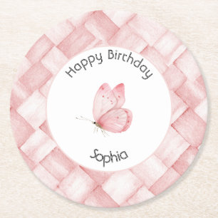 Posavasos Redondo De Papel Cumpleaños de Mariposa con Tejido de Cesta Rosa Bo