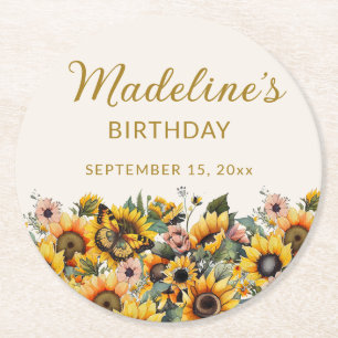 Posavasos Redondo De Papel Cumpleaños de mujer girasoles mariposa