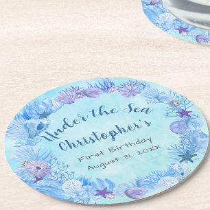 Posavasos Redondo De Papel Cumpleaños de niño azul bonito bajo el mar