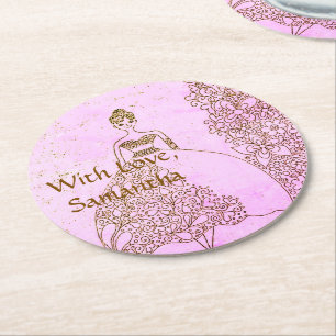 Posavasos Redondo De Papel Cumpleaños de Princesa de Cuento de Hadas Rosa y D