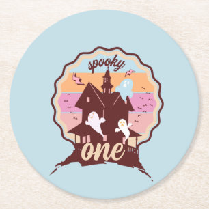 Posavasos Redondo De Papel Cumpleaños de Spooky One Halloween First Birthday 