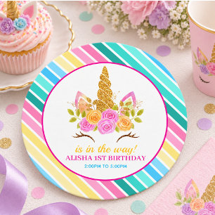Posavasos Redondo De Papel Cumpleaños de Unicornio Fiesta de 1er Cumpleaños