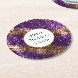 Posavasos Redondo De Papel Cumpleaños del Purpurina Purple Gold