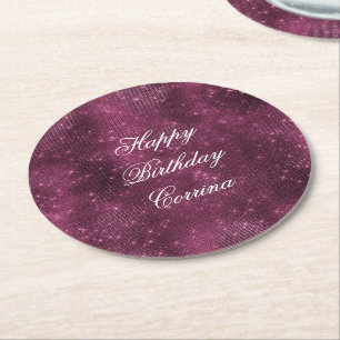 Posavasos Redondo De Papel Cumpleaños Glitzy Destello Burgundy Romántico