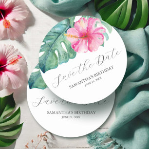 Posavasos Redondo De Papel Cumpleaños Guardar la Fecha Tema Tropical
