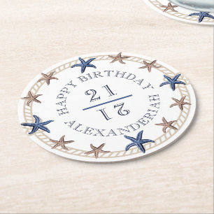 Posavasos Redondo De Papel Cumpleaños Marina Náutica Azul Blanco Tan Starfish