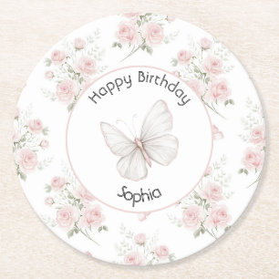 Posavasos Redondo De Papel Cumpleaños Mariposa Lazos Rosas Rosa Claro