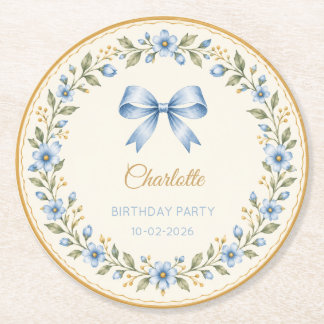 Posavasos Redondo De Papel Cumpleaños personalizado con lazo floral azul 