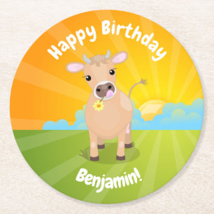 Posavasos Redondo De Papel Cumpleaños personalizado de vaca de Jersey