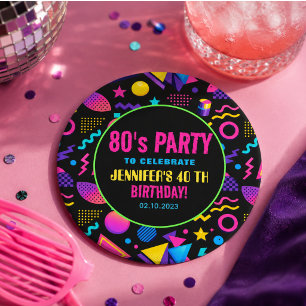 Posavasos Redondo De Papel Cumpleaños personalizado retro neón 80’s - Diversi