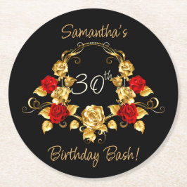 Posavasos Redondo De Papel Cumpleaños Rojo y Oro