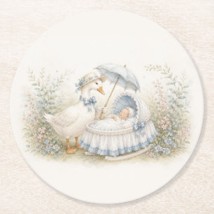 Posavasos Redondo De Papel cuna de bebé azul de Mamá Oca para fiesta de bebé