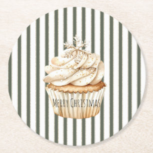 Posavasos Redondo De Papel Cupcake de Navidad con rayas de crema de oliva y c