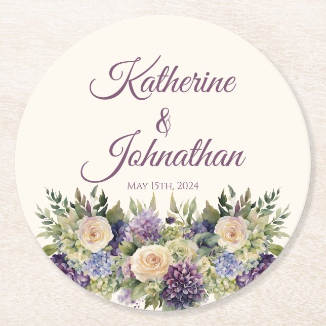 Posavasos Redondo De Papel Custodia de papel para Bouquet de flores púrpura (Anverso)