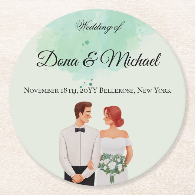 Posavasos Redondo De Papel Custom green watercolor flowy wedding (Anverso)