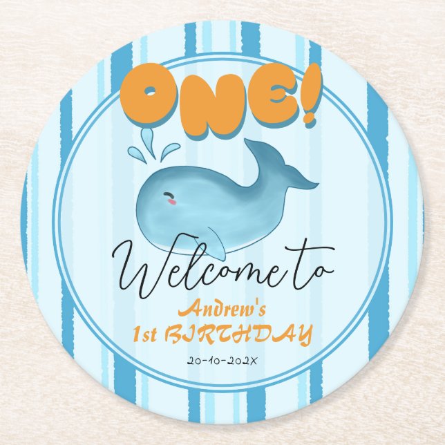 Posavasos Redondo De Papel Cute Baby Blue Whale 1st Birthday (Anverso)