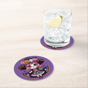 Posavasos Redondo De Papel Cute catrina girl halloween