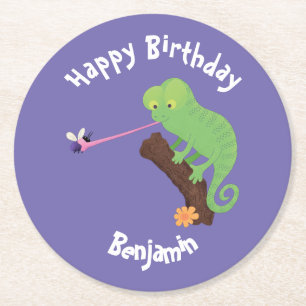 Posavasos Redondo De Papel Cute chameleon atrapando a un personalizado de fal