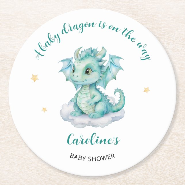 Posavasos Redondo De Papel Cute Dragon Baby Shower (Anverso)