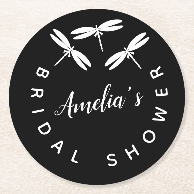 Posavasos Redondo De Papel Cute Dragonflies Black Bridal Shower (Anverso)