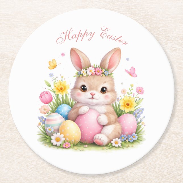 Posavasos Redondo De Papel Cute Easter Bunny Rabbit Pink Blush Peony (Anverso)