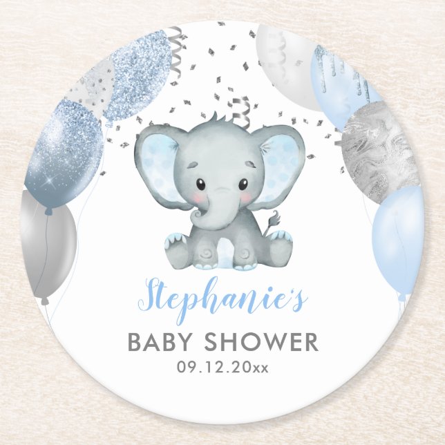 Posavasos Redondo De Papel Cute Elephant Boy Balloons Baby Shower (Anverso)