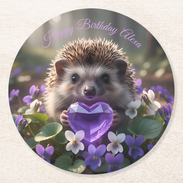 Posavasos Redondo De Papel Cute February Hedgehog with Amethyst Heart (Anverso)