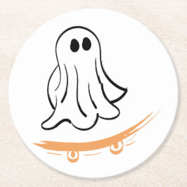 Posavasos Redondo De Papel Cute ghost on skateboard