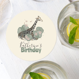 Posavasos Redondo De Papel Cute Giraffe Botanical Animal Birthday Party