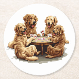 Posavasos Redondo De Papel Cute Golden Retriever Perro Jugando Cartas