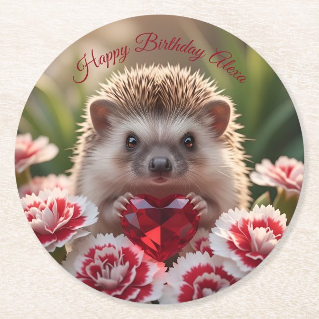 Posavasos Redondo De Papel Cute January Hedgehog with Garnet Heart (Anverso)