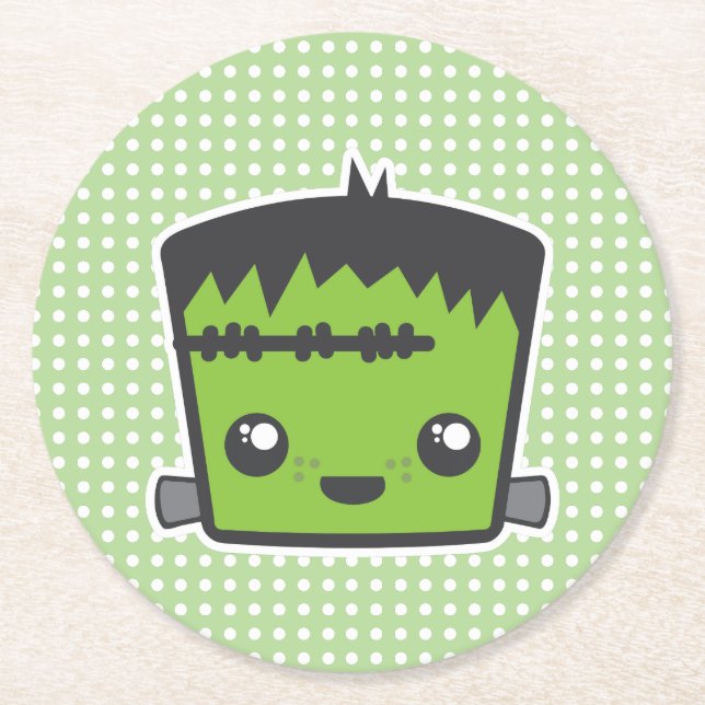 Posavasos Redondo De Papel Cute Kawaii Frankenstein Monster Halloween (Anverso)