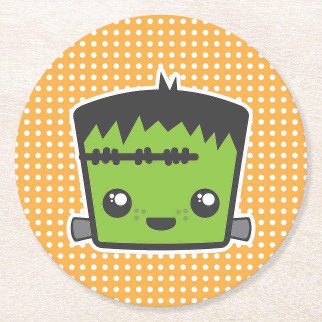 Posavasos Redondo De Papel Cute Kawaii Frankenstein Monster Halloween (Anverso)