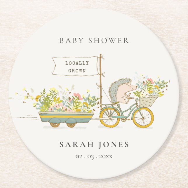 Posavasos Redondo De Papel Cute local Hedgehog Flora Bike Baby Shower (Anverso)