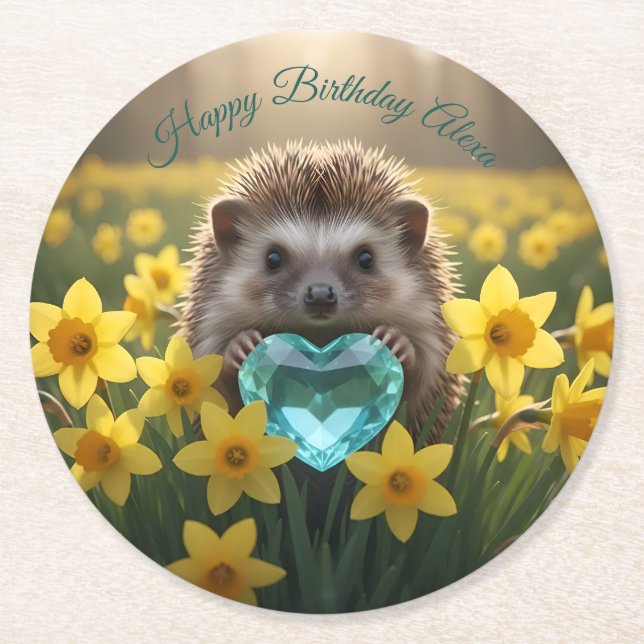 Posavasos Redondo De Papel Cute March Hedgehog with Aquamarine Heart (Anverso)
