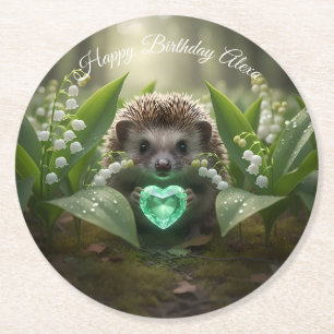 Posavasos Redondo De Papel Cute May Hedgehog con corazón de esmeralda