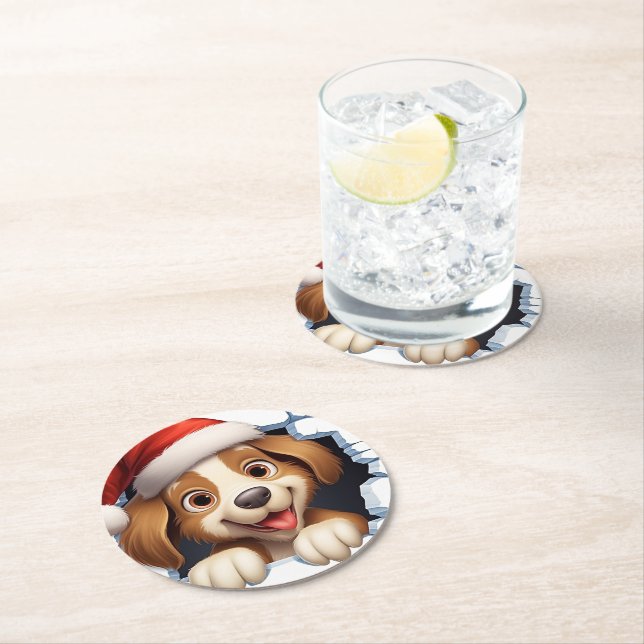 Posavasos Redondo De Papel Cute Navidades Perro a través de la pared ilustrad (In situ)