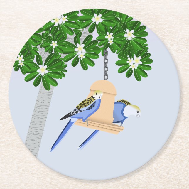 Posavasos Redondo De Papel Cute Pareja Jugadora Parrots Rosellas (Anverso)