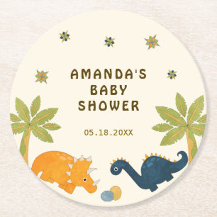 Posavasos Redondo De Papel Cute Personalizado Dinosaur Baby Shower
