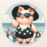 Posavasos Redondo De Papel Cute Pig in Polka Dot Swimsuit at the Beach<br><div class="desc">This whimsical design features a stylish pig enjoying a sunny day at the beach, dressed in a retro black polka dot swimsuit and oversized heart-shaped sunglasses. The character strikes a confident pose under a wide-brimmed hat, flanked by chic beach bags filled with essentials like sunscreen and drinks, adding charm and...</div>