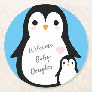 Posavasos Redondo De Papel Cute pingüino Baby Shower Blue Boy