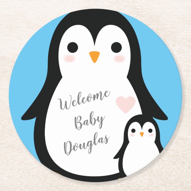 Posavasos Redondo De Papel Cute pingüino Baby Shower Blue Boy (Anverso)