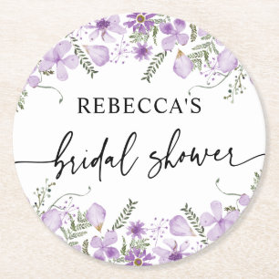 Posavasos Redondo De Papel Cute Purple Florals Bridal Shower
