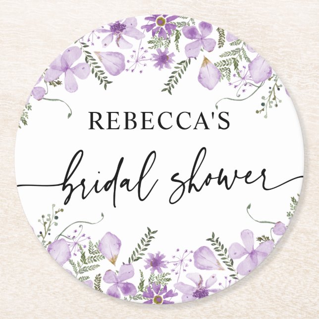 Posavasos Redondo De Papel Cute Purple Florals Bridal Shower (Anverso)