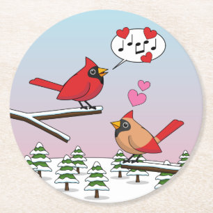 Posavasos Redondo De Papel Cute Red Northern Cardinals aman el paisaje invern