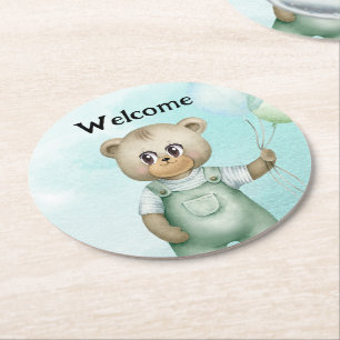 Posavasos Redondo De Papel cute teddy bear green background