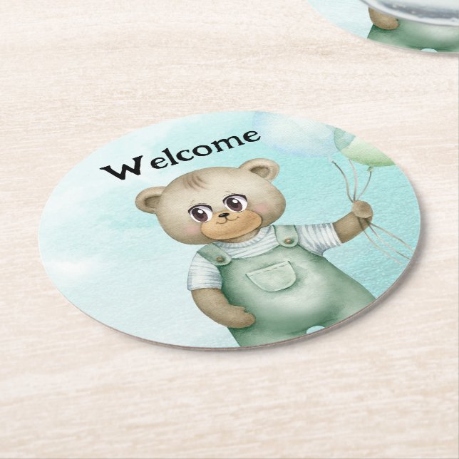 Posavasos Redondo De Papel cute teddy bear green background (En perspectiva)