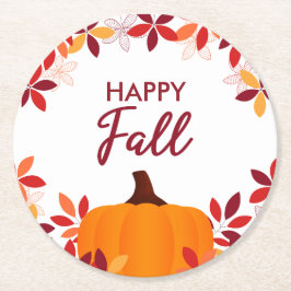 Posavasos Redondo De Papel Cuto de otoño feliz marco de calabaza de hojas de 